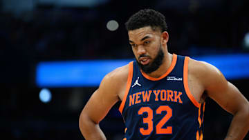 Dec 30, 2024; Washington, District of Columbia, USA; New York Knicks center Karl-Anthony Towns (32) looks on during the second quarter against the Washington Wizards at Capital One Arena. Mandatory Credit: Reggie Hildred-Imagn Images