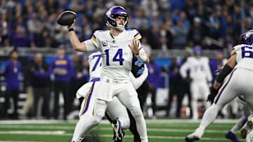Minnesota Vikings quarterback Sam Darnold throws the ball against the Detroit Lions