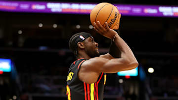 Feb 8, 2025; Washington, District of Columbia, USA; Atlanta Hawks guard Caris LeVert (3) takes a shot during the first half against the Washington Wizards at Capital One Arena. Mandatory Credit: Daniel Kucin Jr.-Imagn Images