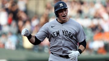 Apr 29, 2025; Baltimore, Maryland, USA; New York Yankees first baseman Ben Rice (22) celebrates after hitting a home run during the first inning against the Baltimore Orioles at Oriole Park at Camden Yards. Mandatory Credit: Daniel Kucin Jr.-Imagn Images