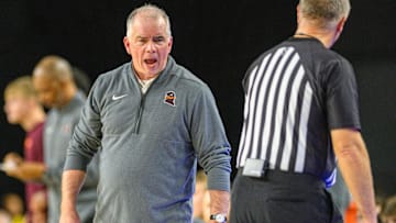 Nov 15, 2024; Baltimore, Maryland, USA; Virginia Tech Hokies head coach Mike Young reacts during the first half against the Penn State Nittany Lions at CFG Bank Arena. Mandatory Credit: Reggie Hildred-Imagn Images