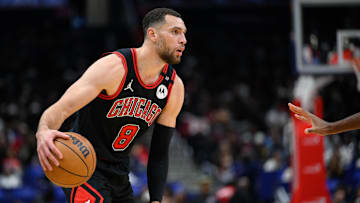 Jan 1, 2025; Washington, District of Columbia, USA; Chicago Bulls guard Zach LaVine (8) handles the ball