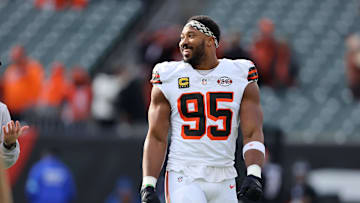 Dec 22, 2024; Cincinnati, Ohio, USA;  Cleveland Browns defensive end Myles Garrett (95) warms up before a game against the Cincinnati Bengals at Paycor Stadium. Mandatory Credit: Joseph Maiorana-Imagn Images