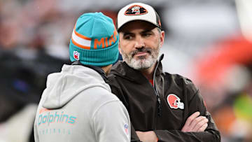 Dec 29, 2024; Cleveland, Ohio, USA; Cleveland Browns head coach Kevin Stefanski talks to Miami Dolphins head coach Mike McDaniel before the game at Huntington Bank Field. Mandatory Credit: Ken Blaze-Imagn Images