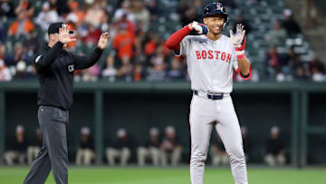 Apr 2, 2025; Baltimore, Maryland, USA; Boston Red Sox second baseman Kristian Campbell (28) celebrates after hitting a double during the second inning against the Baltimore Orioles at Oriole Park at Camden Yards. Mandatory Credit: Daniel Kucin Jr.-Imagn Images