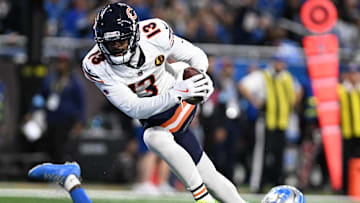 Nov 28, 2024; Detroit, Michigan, USA; Chicago Bears wide receiver Keenan Allen (13) catches a touchdown pass against the Detroit Lions in the third quarter at Ford Field. Mandatory Credit: Lon Horwedel-Imagn Images