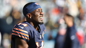 Nov 23, 2025; Chicago, Illinois, USA;Chicago Bears wide receiver Olamide Zaccheaus (14) practices before the game against the Pittsburgh Steelers at Soldier Field. Mandatory Credit: Mike Dinovo-Imagn Images