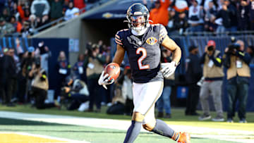 Nov 23, 2025; Chicago, Illinois, USA; Chicago Bears wide receiver DJ Moore (2) makes a touchdown catch against the Pittsburgh Steelers during the second half at Soldier Field. Mandatory Credit: Mike Dinovo-Imagn Images