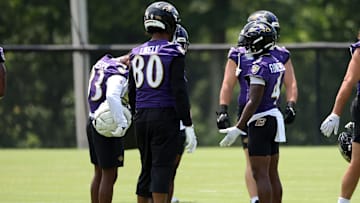 Jun 10, 2025; Baltimore, MD, USA; Baltimore Ravens wide receiver Zay Flowers (4) converses with Baltimore Ravens tight end Isaiah Likely (80) during an NFL OTA at Under Armour Performance Center. Mandatory Credit: Daniel Kucin Jr.-Imagn Images