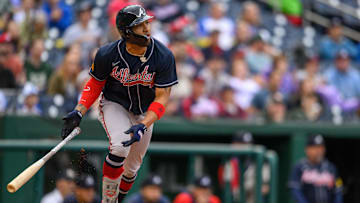 Sep 24, 2023; Washington, District of Columbia, USA; Atlanta Braves second baseman Nicky Lopez (15) hits a double during the fifth inning against the Washington Nationals at Nationals Park.