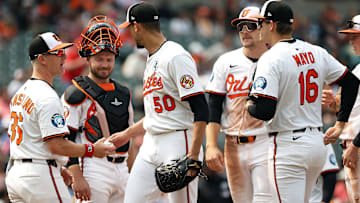 Jun 1, 2025; Baltimore, Maryland, USA; Baltimore Orioles pitcher Charlie Morton (50) walks off of the mound during the seventh inning against the Chicago White Sox at Oriole Park at Camden Yards. Mandatory Credit: Daniel Kucin Jr.-Imagn Images