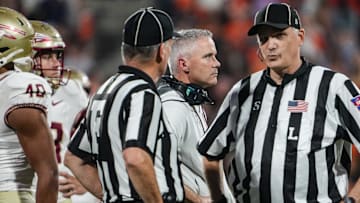 Nov 8, 2025; Clemson, South Carolina, USA; Florida State Seminoles head Coach Mike Norvell waits for a video review decision against the Clemson Tigers during the second quarter at Memorial Stadium. Mandatory Credit: Ken Ruinard - GREENVILLE NEWS-USA TODAY Network via Imagn Images
