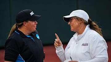 Texas A&M head coach Trisha Ford talks to an official during the game three NCAA Super Regional against the Texas Longhorns at Red & Charline McCombs Field on Sunday, May 26, 2024 in Austin.