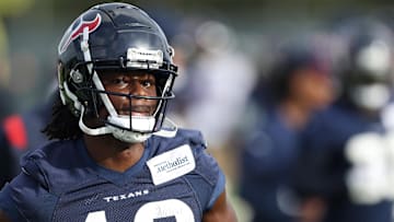 Jun 14, 2022; Houston, Texas, USA;  Houston Texans wide receiver Chris Conley (18) practices drills at minicamp at NRG Stadium. Mandatory Credit: Thomas Shea-Imagn Images