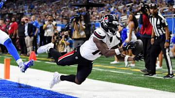 Aug 23, 2025; Detroit, Michigan, USA; Houston Texans wide receiver Quintez Cephus (14) attempts to catch a pass against the Detroit Lions the fourth quarter at Ford Field. Mandatory Credit: Eamon Horwedel-Imagn Images