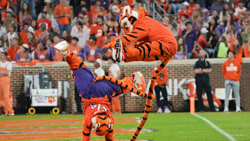 Nov 8, 2025; Clemson, South Carolina, USA; The Clemson Tiger and Tiger Cub mascots dance with the Rally Cats during the game against the Florida State Seminoles in the second quarter at Memorial Stadium. Mandatory Credit: Ken Ruinard - GREENVILLE NEWS-USA TODAY Network via Imagn Images