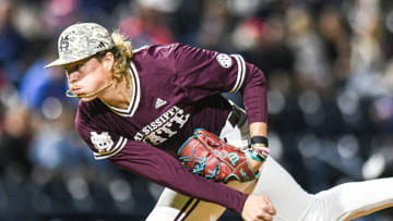 Mississippi State pitcher Khal Stephen (14) pitches against Ole Miss at Swayze Field in Oxford, Miss., on Friday, Apr. 12, 2024.