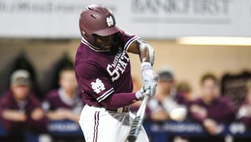 Mississippi State outfielder Dakota Jordan (42) singles against Ole Miss at Swayze Field in Oxford, Miss., on Friday, Apr. 12, 2024.