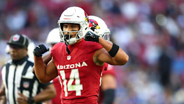 Dec 7, 2025; Glendale, Arizona, USA; Arizona Cardinals wide receiver Michael Wilson (14) reacts during the first half at State Farm Stadium. Mandatory Credit: Mark J. Rebilas-Imagn Images