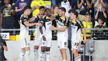 Oct 18, 2025; Columbus, Ohio, USA;  Columbus Crew forward Ibrahim Aliyu (11) celebrates his goal with teammates during the second half against the New York Red Bulls at Lower.com Field. 