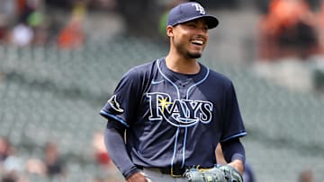 Jun 29, 2025; Baltimore, Maryland, USA; Tampa Bay Rays pitcher Taj Bradley (45) laughs during the fifth inning against the Baltimore Orioles at Oriole Park at Camden Yards. Mandatory Credit: Daniel Kucin Jr.-Imagn Images