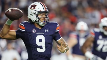 Oct 21, 2023; Auburn, Alabama, USA;  Auburn Tigers quarterback Robby Ashford (9) drops back to pass during the first quarter against the Mississippi Rebels at Jordan-Hare Stadium. Mandatory Credit: John Reed-USA TODAY Sports