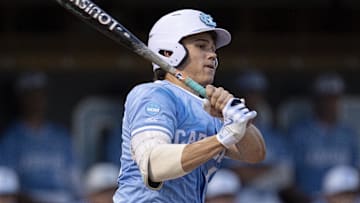 Jun 8, 2024; Chapel Hill, NC, USA; North Carolina Tar Heels Luke Stevenson (44) bats against the West Virginia Mountaineers in the second inning of the DI Baseball Super Regional at Boshamer Stadium. Mandatory Credit: Jeffrey Camarati-Imagn Images

