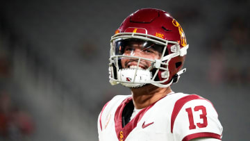 USC Trojans quarterback Caleb Williams (13) during the pregame warmup before playing the Arizona