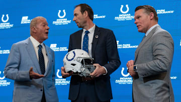 Shane Steichen, center, talks with Colts Owner and CEO Jim Irsay, left, and General Manager Chris Ballard as they pose for photos after a press conference Tuesday, Feb. 14, 2023 announcing that Steichen is the new Indianapolis Colts Head Coach.

Shane Steichen Is The New Indianapolis Colts Head Coach