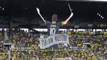 Apr 2, 2022; Columbus, Ohio, USA; Columbus Crew legend Federico Higuain is honored by a tifo hoisted by fans to celebrate his career with the club.