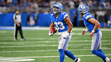 Sep 15, 2024; Detroit, Michigan, USA; Detroit Lions running back Sione Vaki (33) celebrates after getting a first down on a fake punt against the Tampa Bay Buccaneers in the second quarter at Ford Field. Mandatory Credit: Lon Horwedel-Imagn Images
