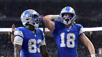 Aug 16, 2025; Detroit, Michigan, USA; Detroit Lions wide receiver Isaac TeSlaa (18) celebrates with Detroit Lions wide receiver Jackson Meeks (83) after scoring a touchdown against the Miami Dolphins in the second quarter at Ford Field. Mandatory Credit: Eamon Horwedel-Imagn Images