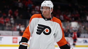 Mar 20, 2025; Washington, District of Columbia, USA; Philadelphia Flyers defenseman Cam York (8) looks on before a game against the Washington Capitals at Capital One Arena.