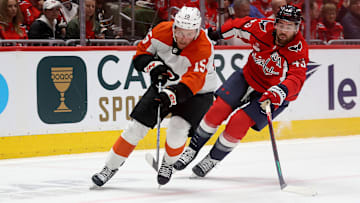 Mar 20, 2025; Washington, District of Columbia, USA; Philadelphia Flyers right wing Olle Lycksell (15) skates past Washington Capitals right wing Tom Wilson (43) during the first period at Capital One Arena.