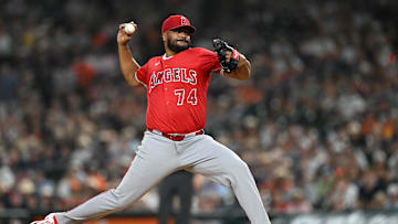 Aug 9, 2025; Detroit, Michigan, USA;  Los Angeles Angels pitcher Kenley Jansen (74) throws a pitch against the Detroit Tigers in the ninth inning at Comerica Park. Mandatory Credit: Lon Horwedel-Imagn Images