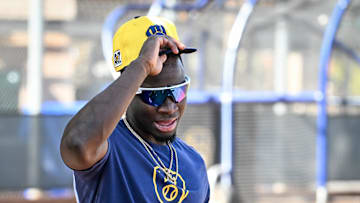 Milwaukee Brewers outfielder Luis Lara walks to the field during spring training workouts Tuesday, February 18, 2025, at American Family Fields of Phoenix in Phoenix, Arizona.