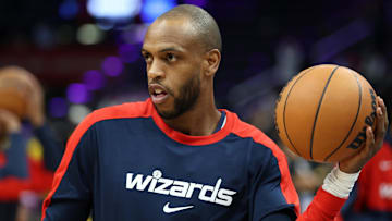 Mar 27, 2025; Washington, District of Columbia, USA; Washington Wizards forward Khris Middleton (32) warms up before a game against the Indiana Pacers at Capital One Arena. Mandatory Credit: Daniel Kucin Jr.-Imagn Images