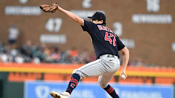 Sep 29, 2023; Detroit, Michigan, USA; Cleveland Guardians starting pitcher Cal Quantrill (47) throws