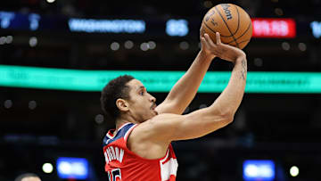 Feb 8, 2025; Washington, District of Columbia, USA; Washington Wizards guard Malcolm Brogdon (15) takes a shot during the second half at Capital One Arena. Mandatory Credit: Daniel Kucin Jr.-Imagn Images