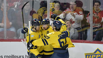 Feb 15, 2025; Montreal, Quebec, CAN; [Imagn Images direct customers only] Team Sweden defenseman Erik Karlsson (65) celebrates with teammates including forward William Nylander (88) after scoring a goal against Team Finland in the second period during a 4 Nations Face-Off ice hockey game at the Bell Centre. Mandatory Credit: Eric Bolte-Imagn Images