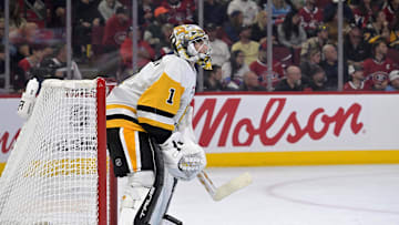 Sep 22, 2025; Montreal, Quebec, CAN; Pittsburgh Penguins goalie Sergei Murashov (1) during the second period of the game against the Montreal Canadiens at the Bell Centre. Mandatory Credit: Eric Bolte-Imagn Images