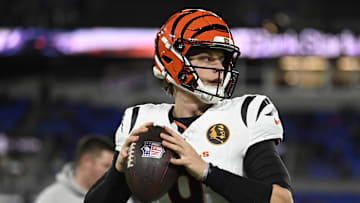 Nov 27, 2025; Baltimore, Maryland, USA; Cincinnati Bengals quarterback Joe Burrow (9) practices before the game at M&T Bank Stadium. Mandatory Credit: Tommy Gilligan-Imagn Images