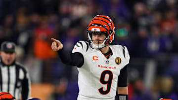 Nov 27, 2025; Baltimore, Maryland, USA; Cincinnati Bengals quarterback Joe Burrow (9) reacts against the Baltimore Ravens during the second half at M&T Bank Stadium. Mandatory Credit: Mitch Stringer-Imagn Images
