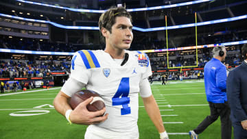 Dec 16, 2023; Inglewood, CA, USA; UCLA Bruins quarterback Ethan Garbers (4) reacts after defeating the Boise State Broncos in the Starco Brands LA Bowl at SoFi Stadium. Mandatory Credit: Robert Hanashiro-USA TODAY Sports