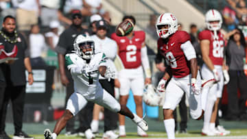 Aug 23, 2025; Honolulu, Hawaii, USA; Hawaii Rainbow Warriors wide receiver Brandon White (1) can’t pull in a catch over Stanford Cardinal cornerback Brandon Nicholson (9) during the second half at Clarence T.C. Ching Athletics Complex. Mandatory Credit: Marco Garcia-Imagn Images