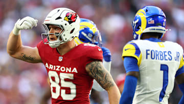 Dec 7, 2025; Glendale, Arizona, USA; Arizona Cardinals tight end Trey McBride (85) reacts after a catch against the Los Angeles Rams during the first half at State Farm Stadium. Mandatory Credit: Mark J. Rebilas-Imagn Images