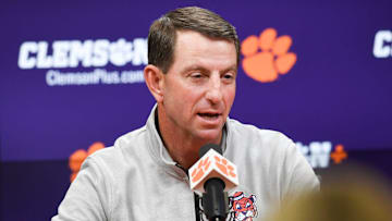 Clemson Head Coach Dabo Swinney introduces newly hired football defensive coordinator Tom Allen, formerly at Penn State University, in the Smart Family Media Center at Clemson University in Clemson, S.C. Wednesday, January 15, 2024.