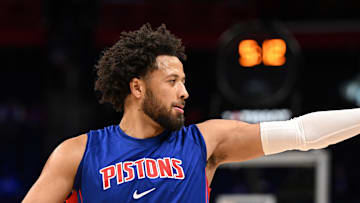 Oct 16, 2025; Detroit, Michigan, USA;  Detroit Pistons guard Cade Cunningham (2) warms up before their game against the Washington Wizards at Little Caesars Arena. Mandatory Credit: Lon Horwedel-Imagn Images