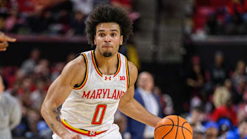 Jan 10, 2025; College Park, Maryland, USA; Maryland Terrapins guard Ja'Kobi Gillespie (0) handles the ball during the second half against the UCLA Bruins at Xfinity Center. Mandatory Credit: Reggie Hildred-Imagn Images