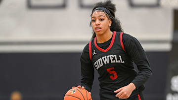 Apr 8, 2023; Washington, DC, USA; Sidwell Friends (DC) guard Jordyn Jackson (5) dribbles the ball during the first quarter against Lone Peak (UT) at Georgetown University. Mandatory Credit: Reggie Hildred-Imagn Images